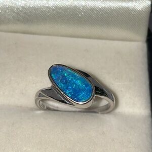 Solid Stamped 14K White Gold Genuine Blue Opal Modern Organic Design Ring